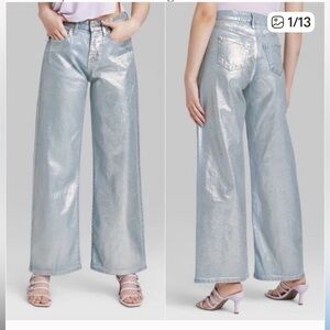 NWT Wild Fable metallic Silver coated high rise wide leg Jeans size 0, 2, 4, 10